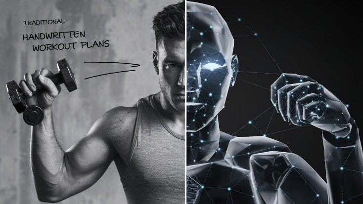 Comparison between traditional workout plans and AI-driven fitness app interface.