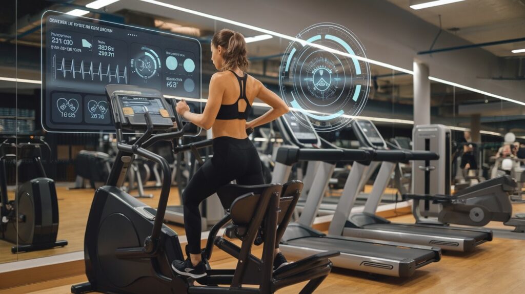 Person using AI-powered fitness equipment in a modern gym, with real-time data displayed.